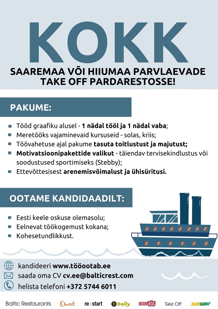 Baltic Restaurants KOKK Take Off pardarestosse Saaremaa või Hiiumaa liinil!