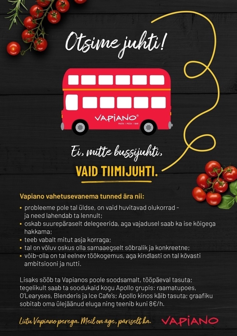Vapi People OÜ VAPIANO KESKKÖÖK kutsub tiimi VAHETUSEVANEMAT