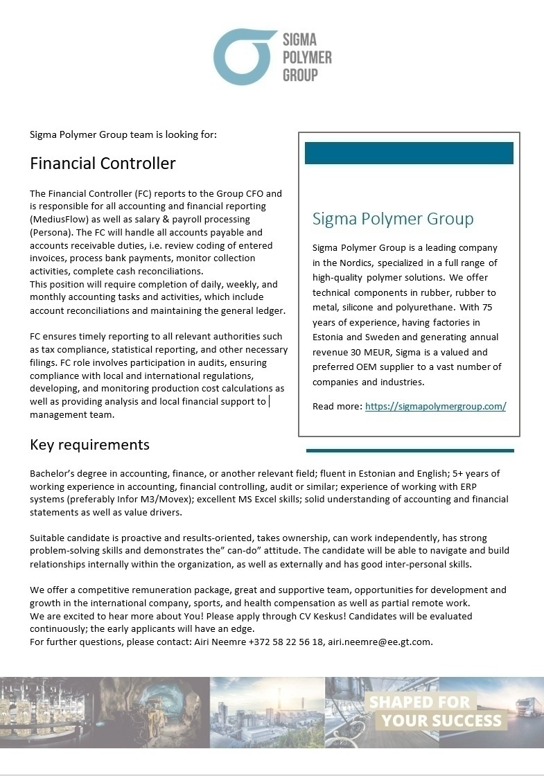 SIGMA POLYMER GROUP OÜ Financial Controller