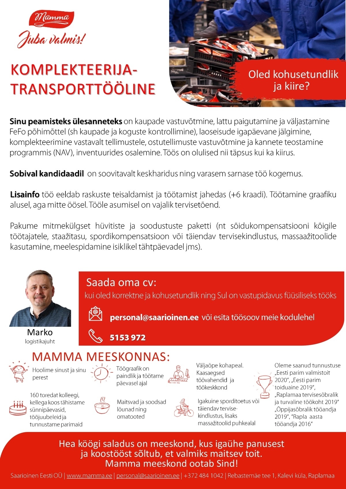 Saarioinen Eesti OÜ Komplekteerija-transporttööline