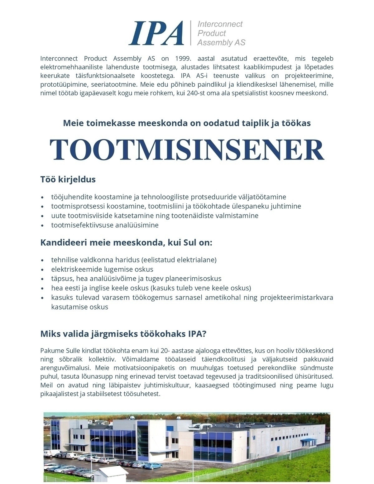 Interconnect Product Assembly AS Tootmisinsener