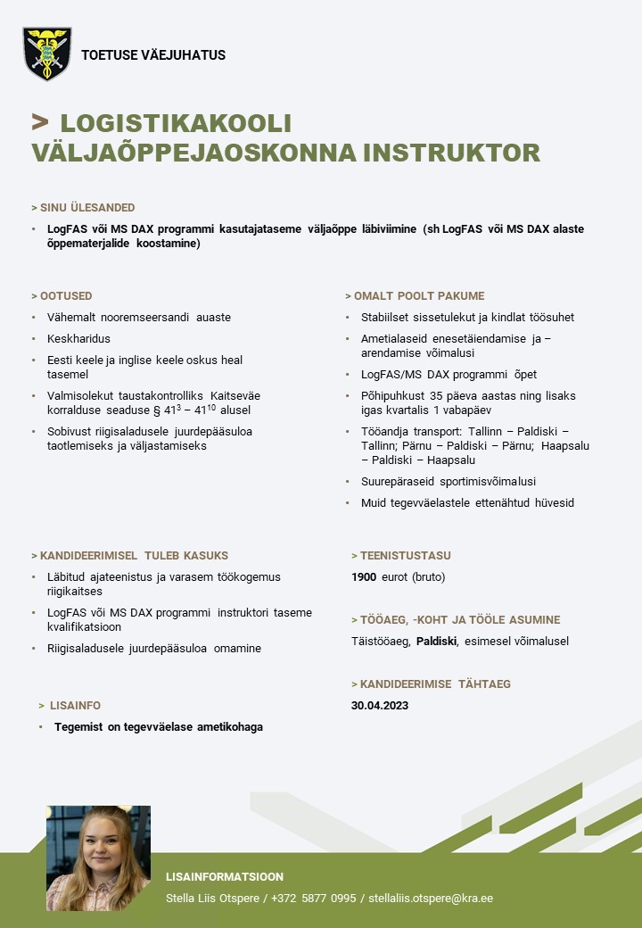 Toetuse väejuhatus Logistikakooli väljaõppejaoskonna instruktor