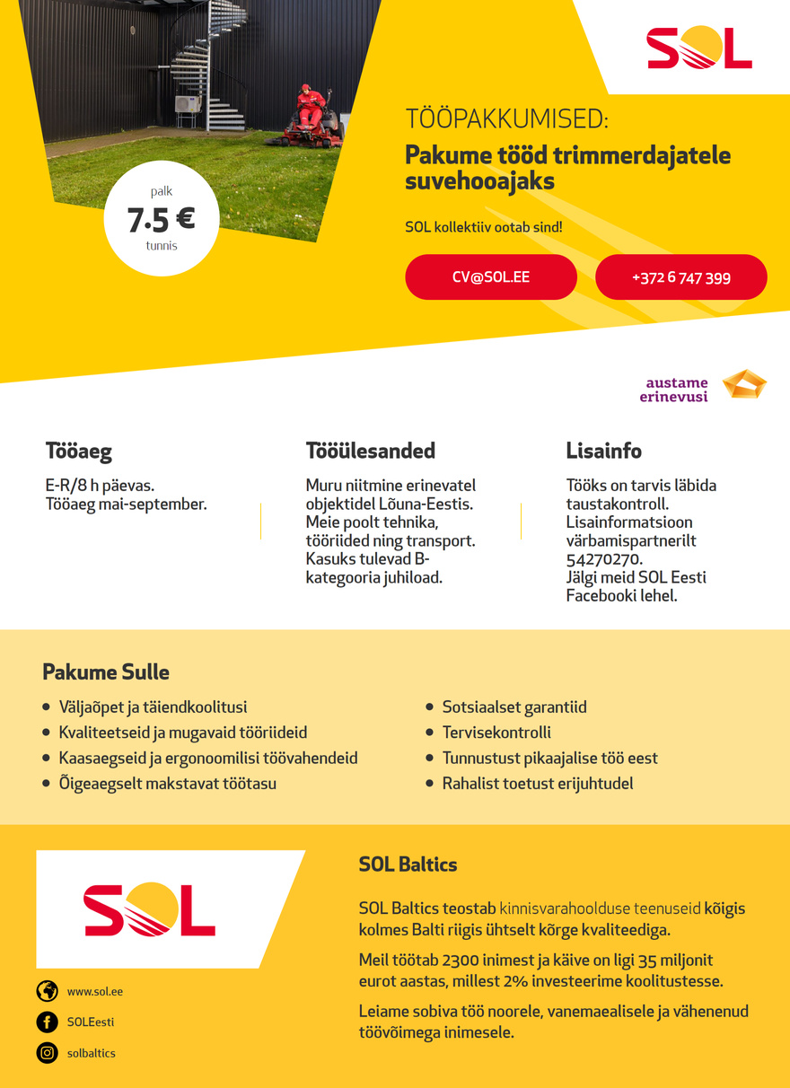 SOL Baltics OÜ Pakume tööd trimmerdajatele suvehooajaks