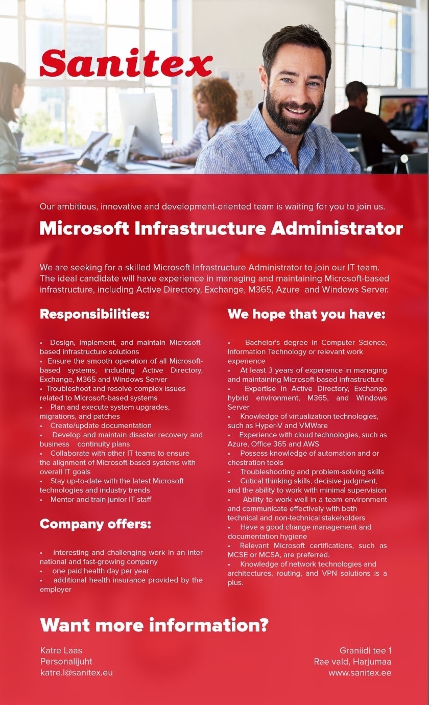 Sanitex OÜ Microsoft Infrastructure Administrator