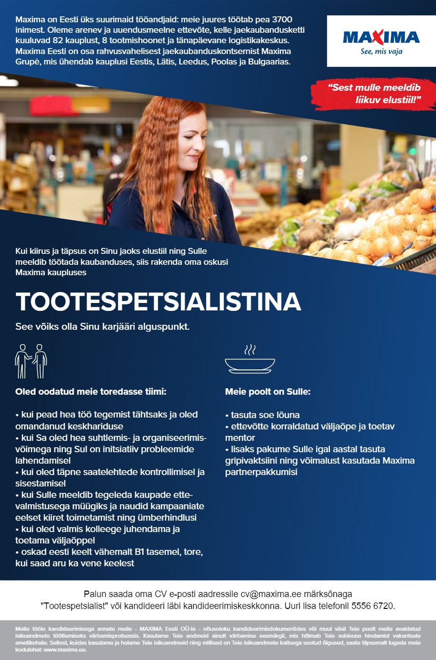 MAXIMA Eesti OÜ Tootespetsialist Pärnu Maximas (Riia mnt 131)