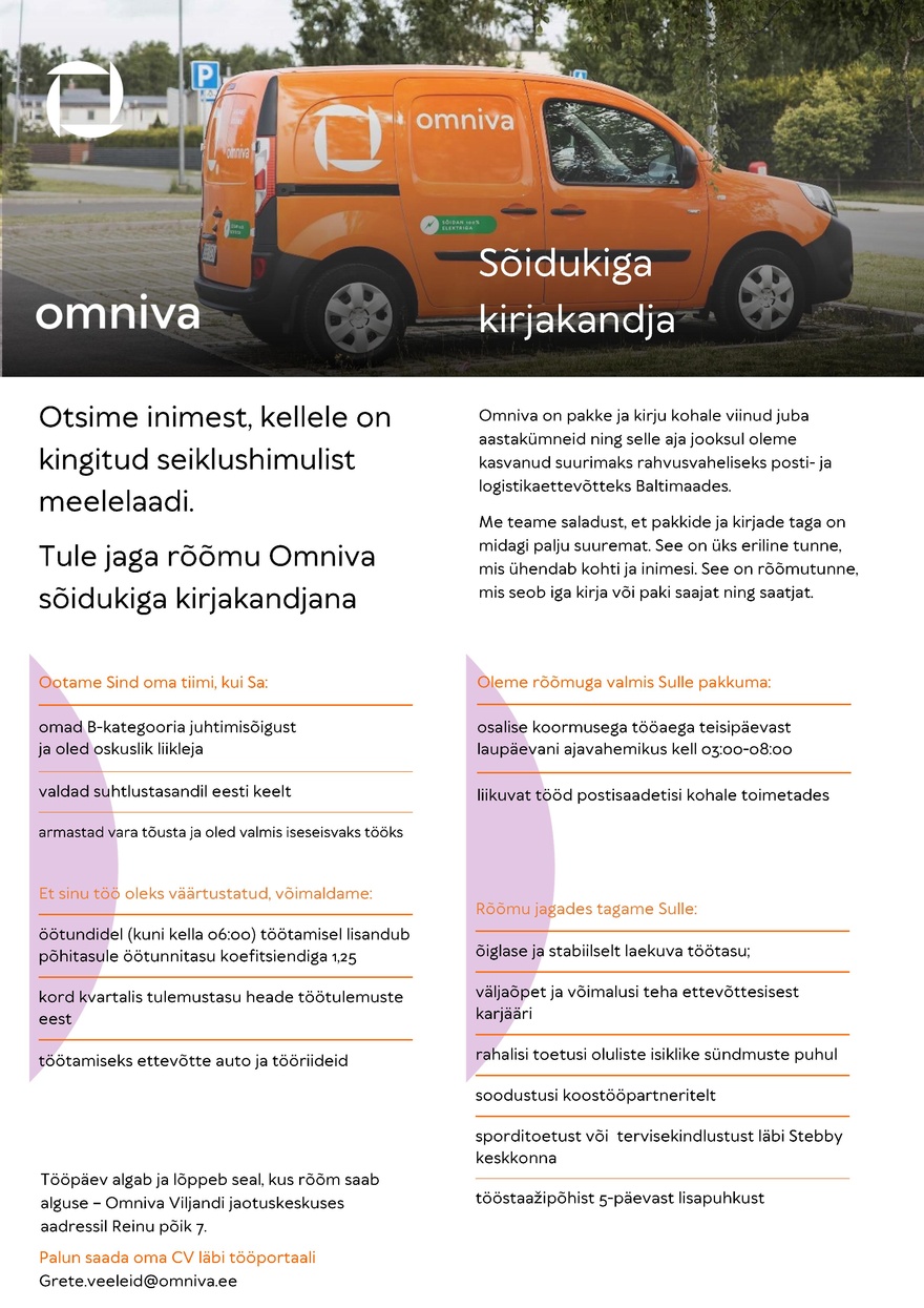 Omniva Sõidukiga kirjakandja Viljandis (tööaeg 4,5h päevas)