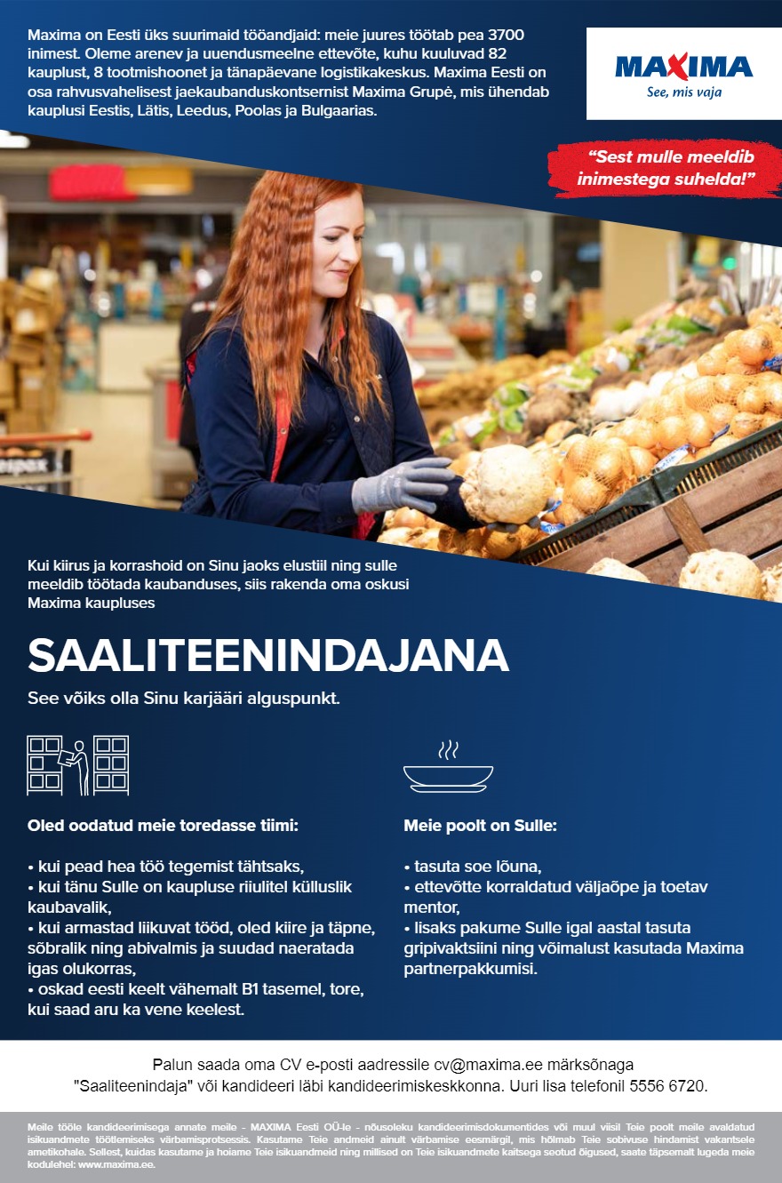 MAXIMA Eesti OÜ Saaliteenindaja Tartu Maximas (Ilmatsalu 11)
