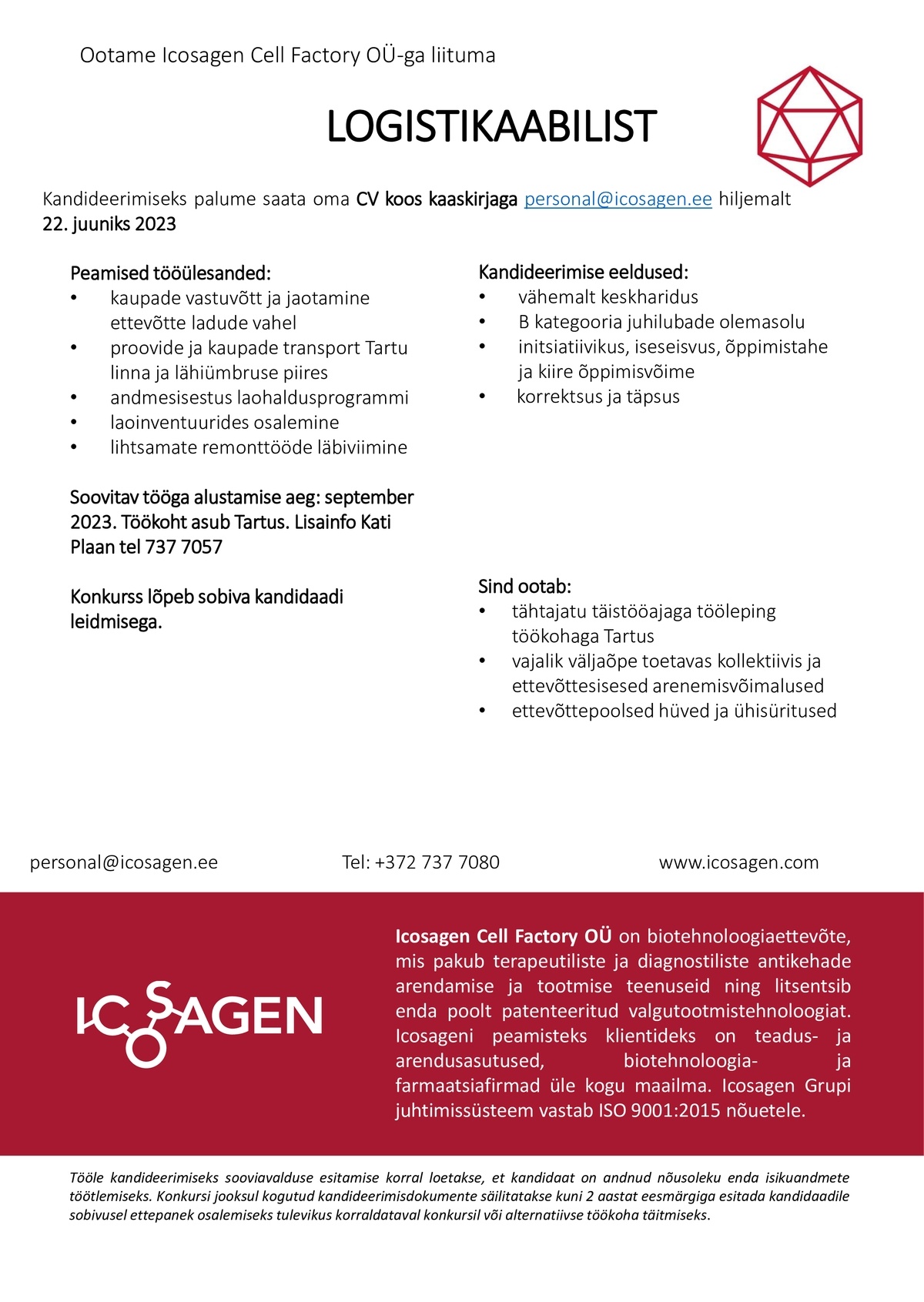 ICOSAGEN CELL FACTORY OÜ LOGISTIKAABILINE