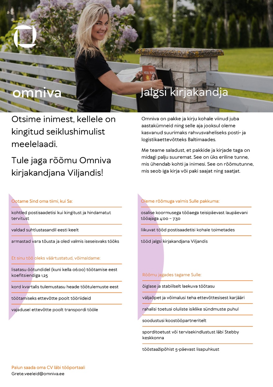 Omniva Jalgsi kirjakandja Viljandis (tööaeg 3,5h päevas)