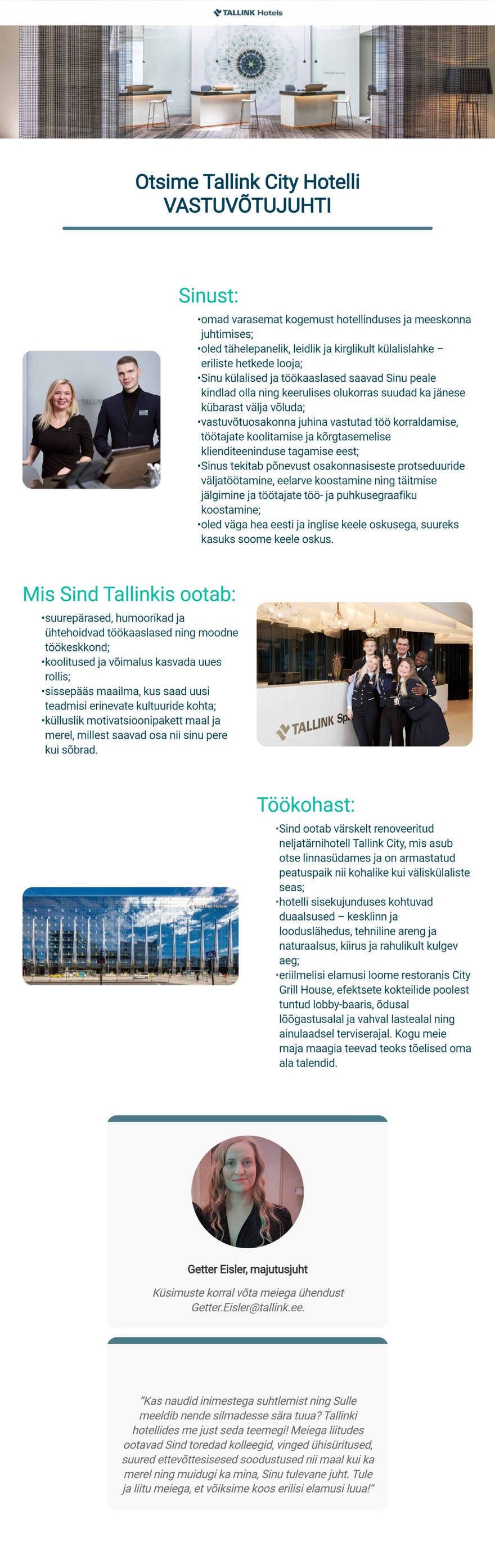Tallink Grupp AS Vastuvõtujuht Tallink City hotelli