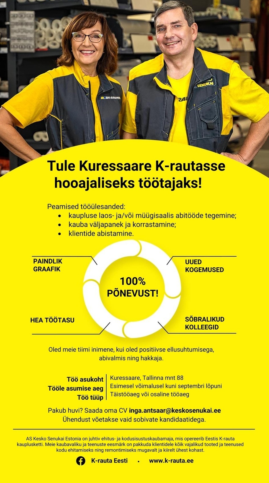 Kesko Senukai Estonia AS Otsime hooajalisi töötajaid Kuressaare K-rauta kauplusesse