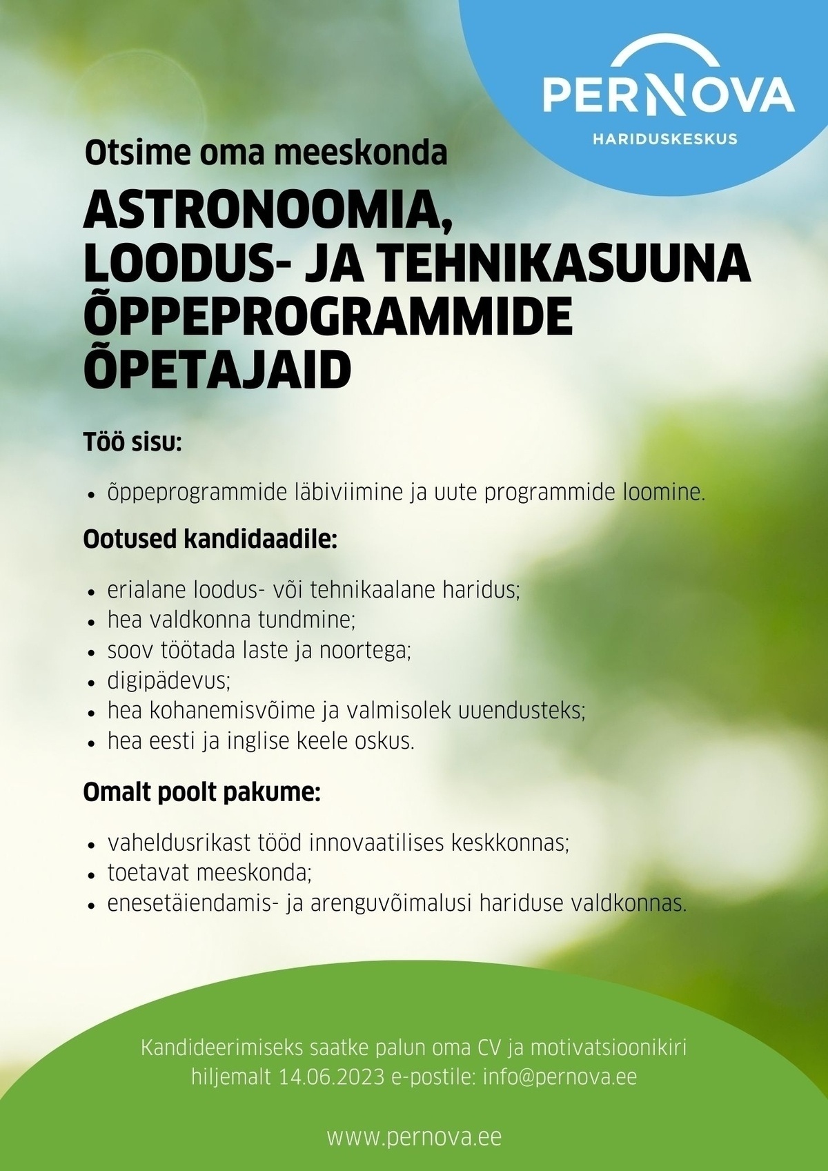 PERNOVA HARIDUSKESKUS Astronoomia, loodus- ja tehnikasuuna õppeprogrammide õpetajad