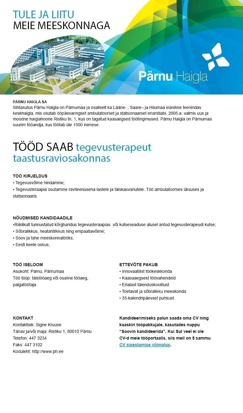 Pärnu Haigla SA Tegevusterapeut taastusraviosakonnas