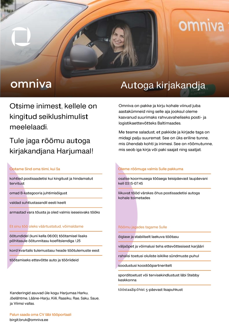 Omniva Autoga kirjakandja Harjumaal (tööaeg 4,5h päevas)