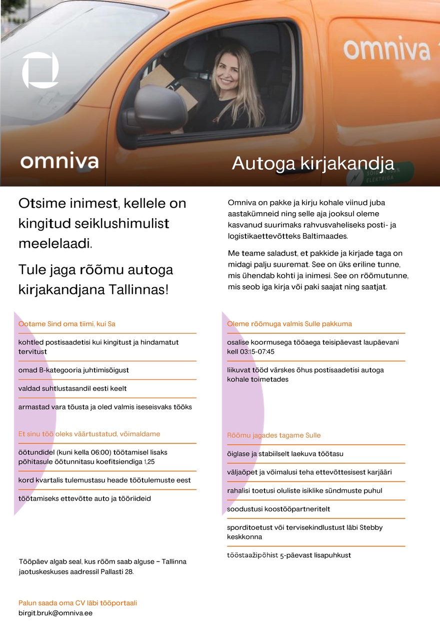 Omniva Autoga kirjakandja Tallinnas (tööaeg 4,5h päevas)