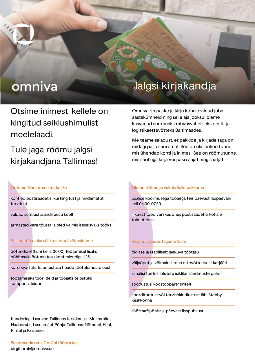 Omniva Jalgsi kirjakandja Tallinnas (tööaeg 3,5h päevas)