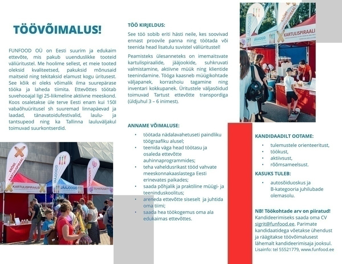 FUNFOOD OÜ SUVEÜRITUSTEL MÜÜJA-KLIENDITEENINDAJA – viimased kohad!