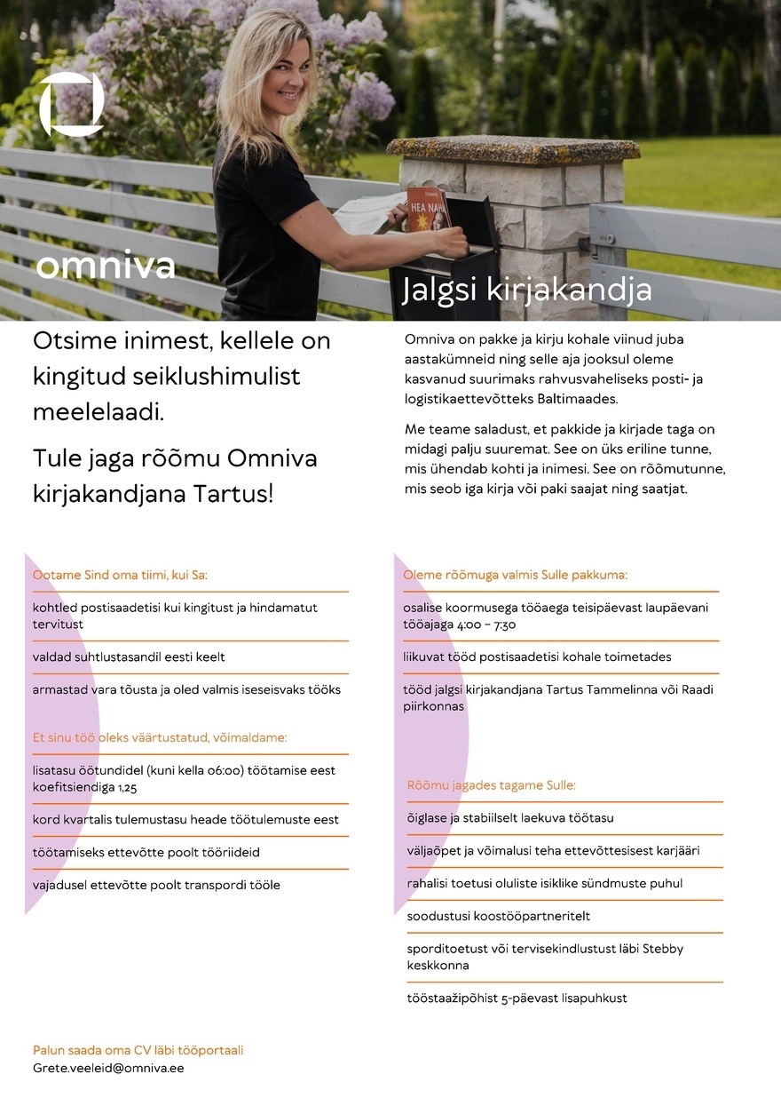 Omniva Jalgsi kirjakandja Tartus (Raadi ja Tammelinna piirkond, tööaeg 3,5h päevas)