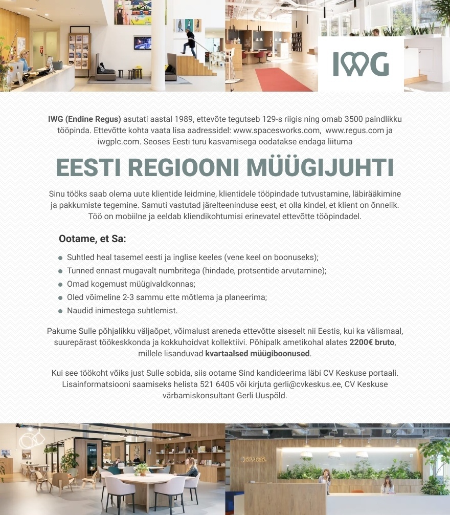 Business Centres Management Estonia OÜ EESTI REGIOONI MÜÜGIJUHT