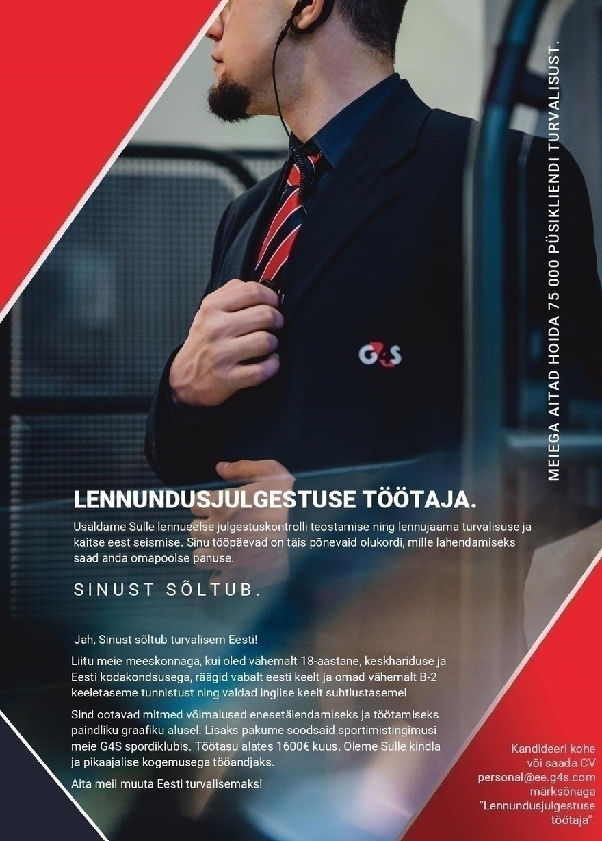 AS G4S Eesti Lennundusjulgestuse töötaja - töötasu alates 1600 (bruto)