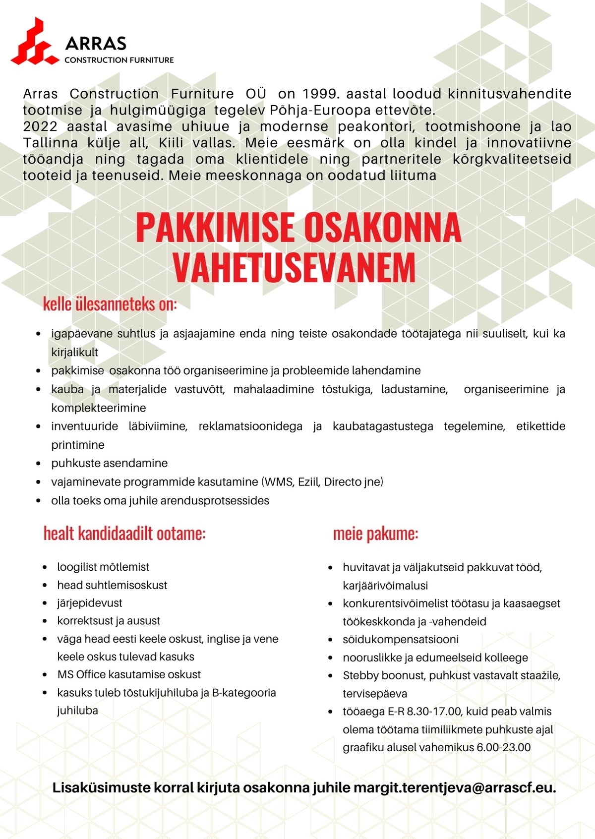 Arras Construction Furniture OÜ Pakkimise osakonna vahetusevanem