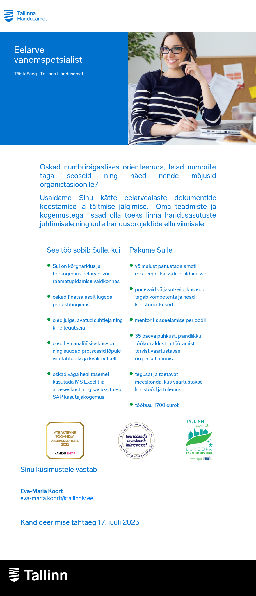 Tallinna Haridusamet Eelarve vanemspetsialist