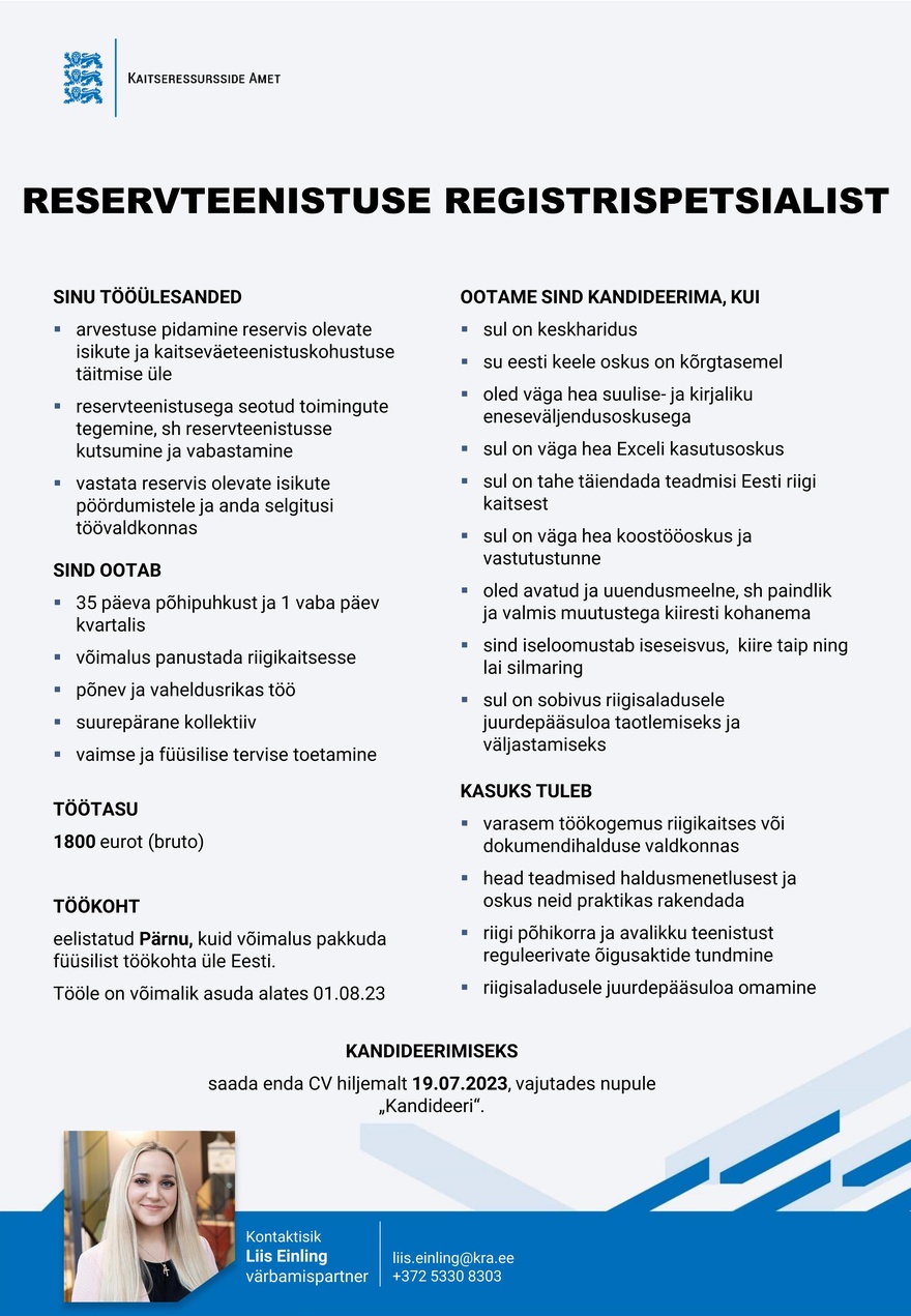 Kaitseressursside Amet Reservteenistuse registrispetsialist