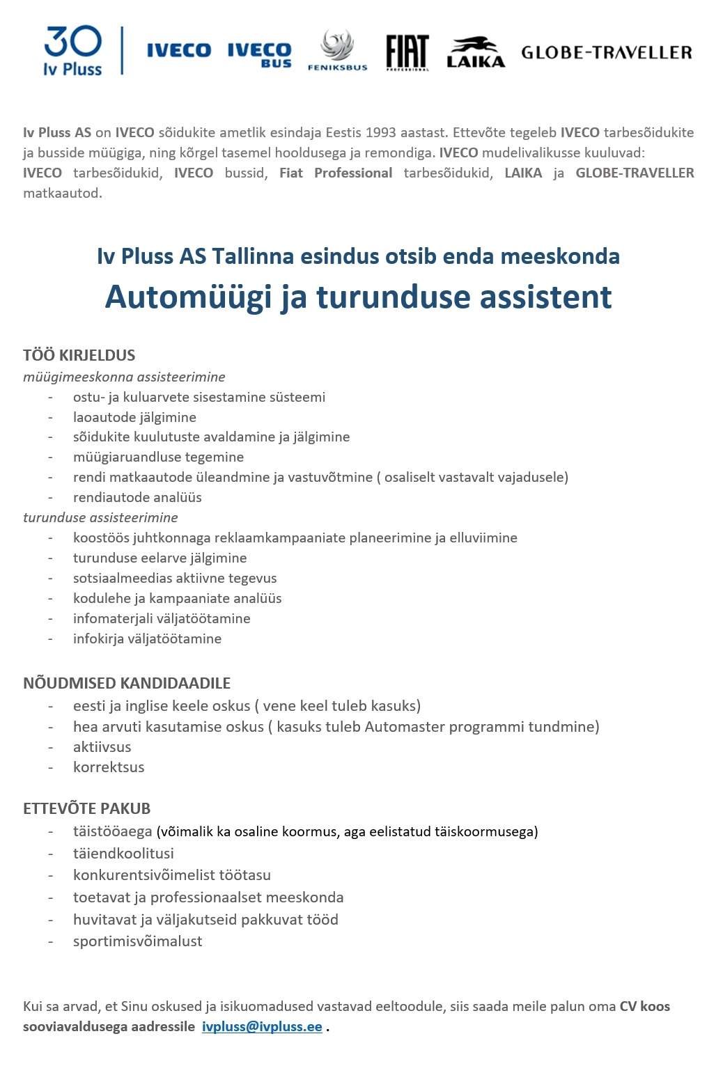 Iv Pluss AS Automüügi ja turunduse assistent