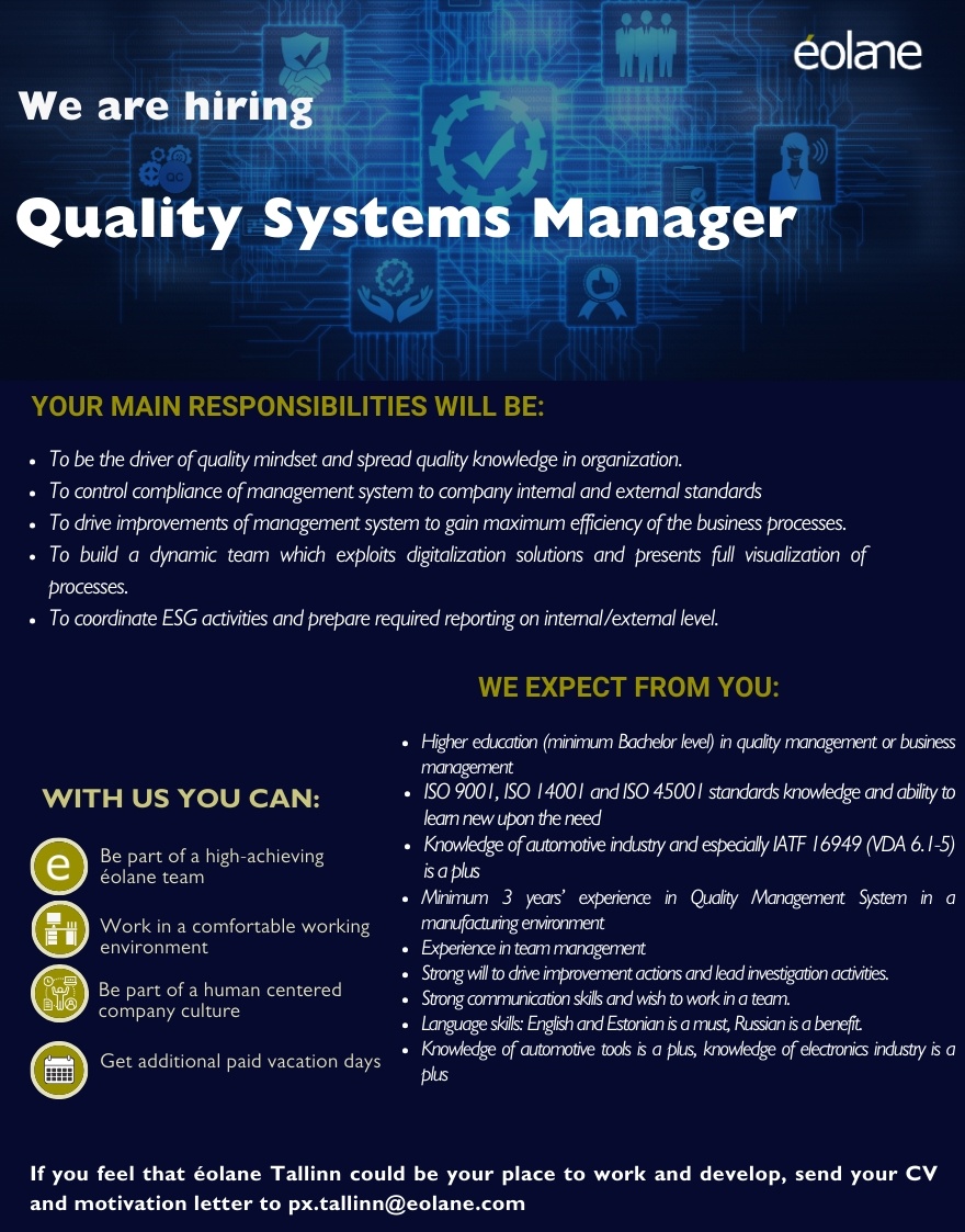 EOLANE TALLINN AS Quality Systems Manager