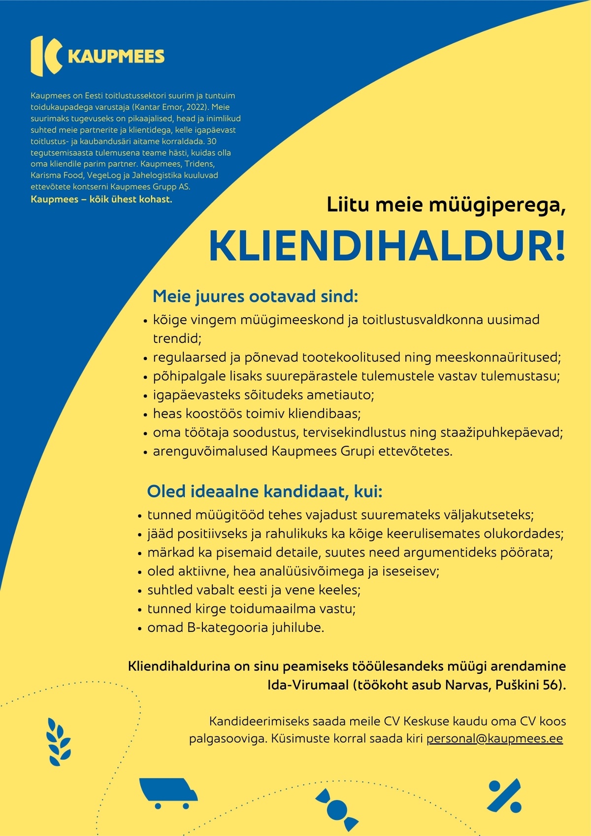 CV Keskus tööpakkumine Kliendihaldur Narvas ja IdaVirumaal, 20230915