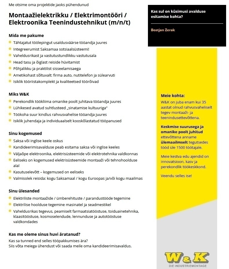W & K Gesellschaft für Industrietechnik mbH Montaažielektrikku / Elektrimontööri / Elektroonika Teenindustehnikut (m/n/t)