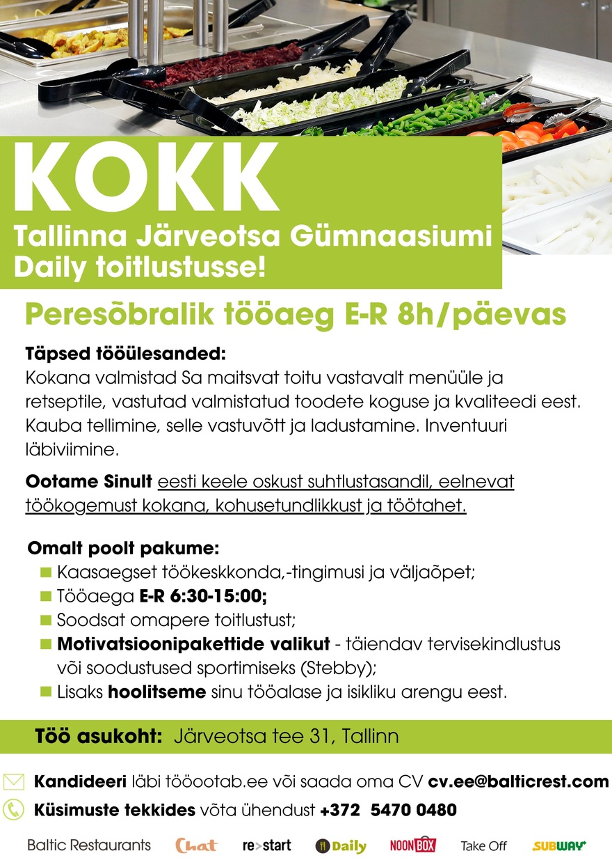 Baltic Restaurants Estonia KOKK Järveotsa Gümnaasiumi Daily toitlustusse
