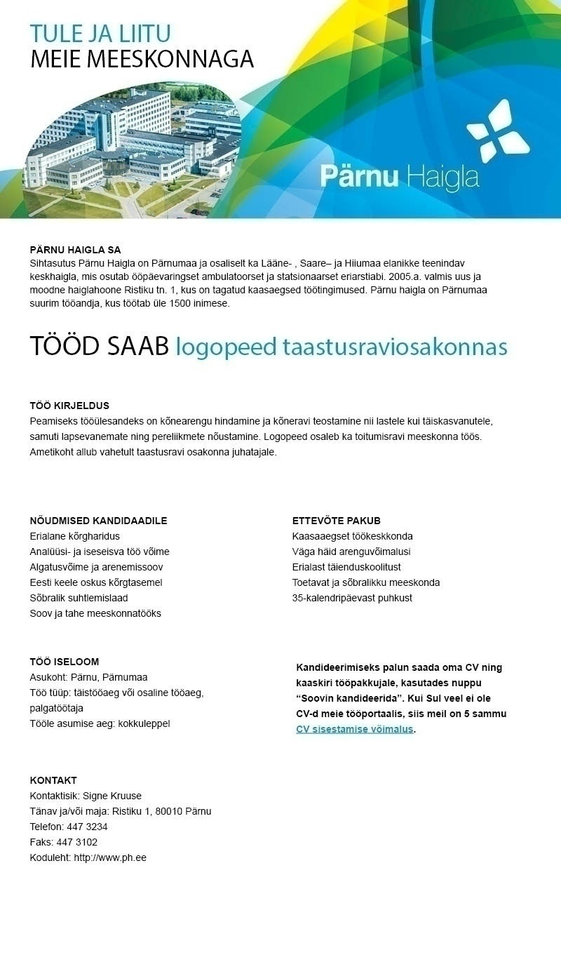 Pärnu Haigla SA Logopeed taastusraviosakonnas