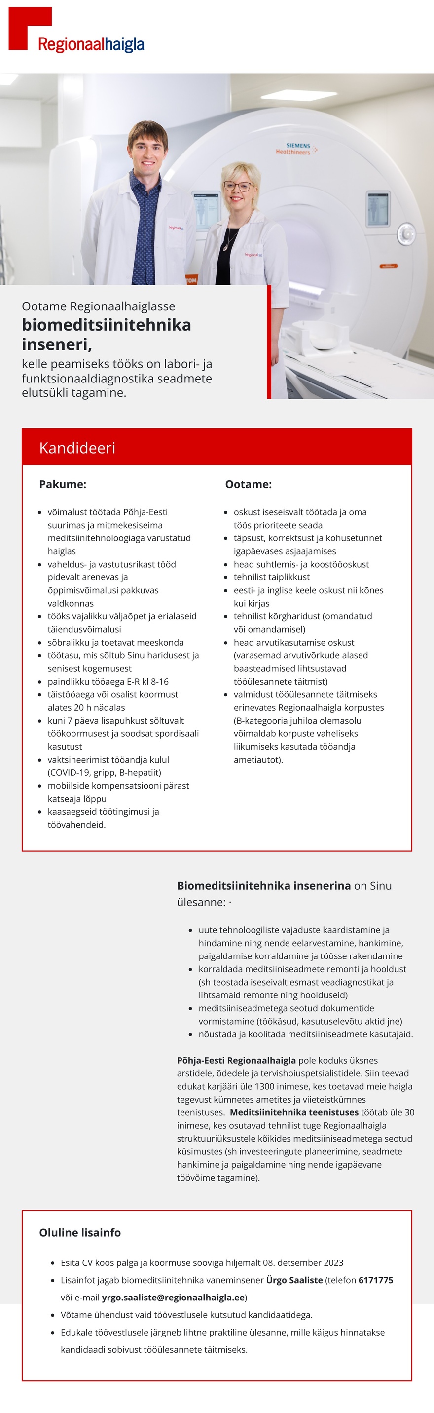 Põhja-Eesti Regionaalhaigla Biomeditsiinitehnika insener