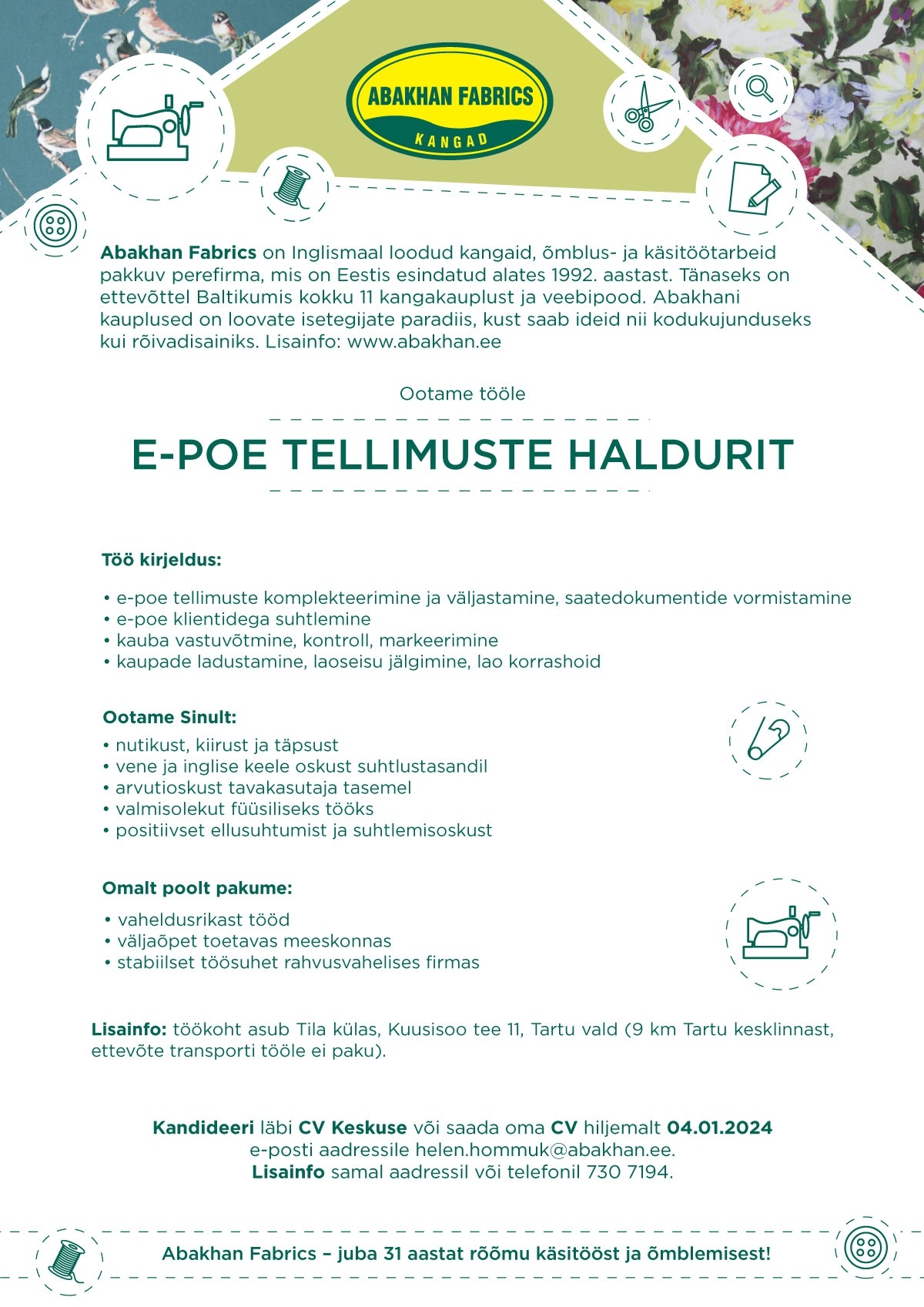Abakhan Fabrics Eesti AS E-POE TELLIMUSTE HALDUR