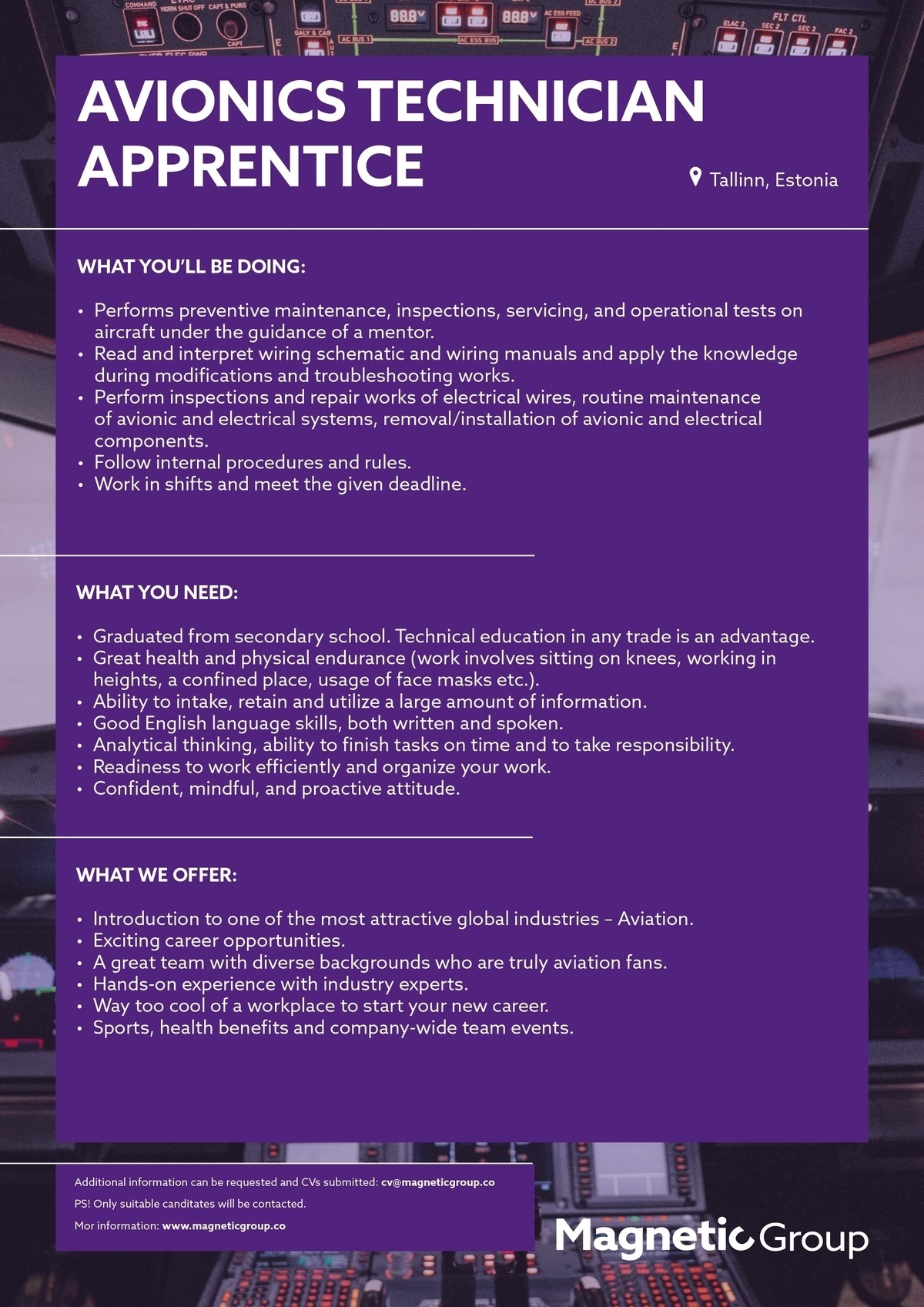 CV Keskus job ad Avioonika tehniku õpilane / Avionics Technician