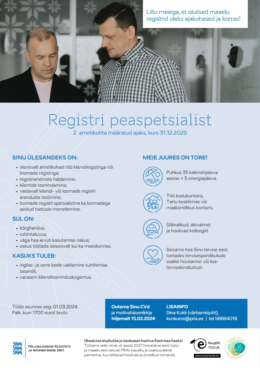 Põllumajanduse Registrite ja Informatsiooni Amet Registri peaspetsialist