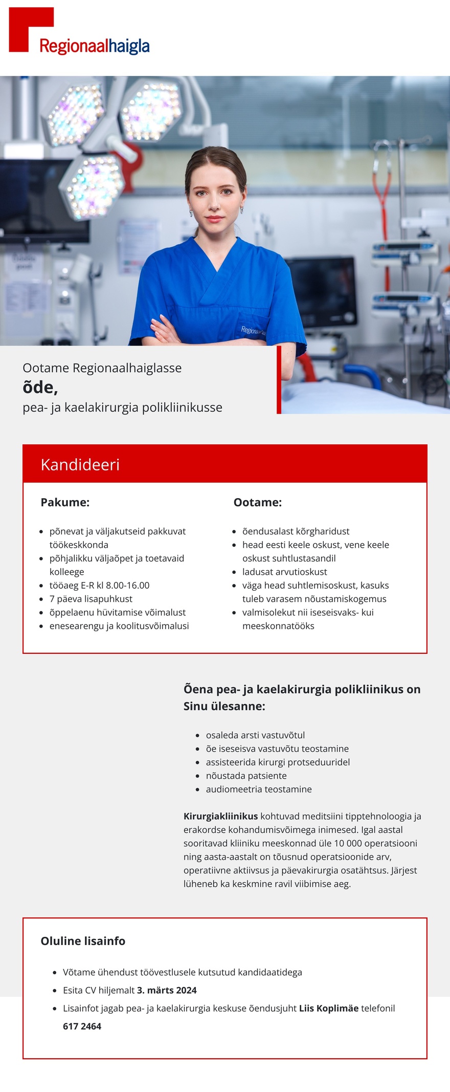 Põhja-Eesti Regionaalhaigla Õde pea- ja kaelakirurgia polikliinikusse