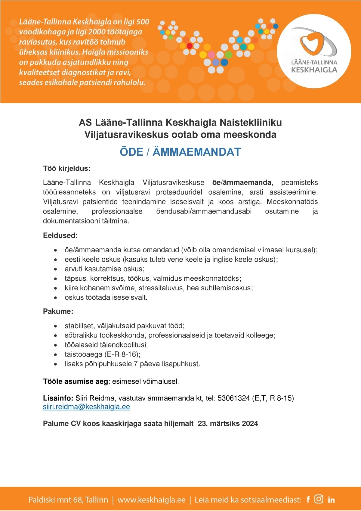 Lääne-Tallinna Keskhaigla AS Õde/Ämmaemand (viljatusravi keskus)