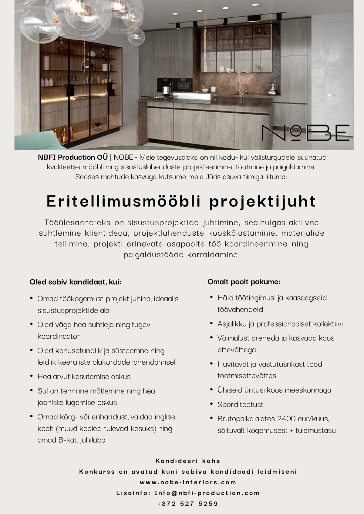 NBFI Production OÜ Eritellimusmööbli projektijuht