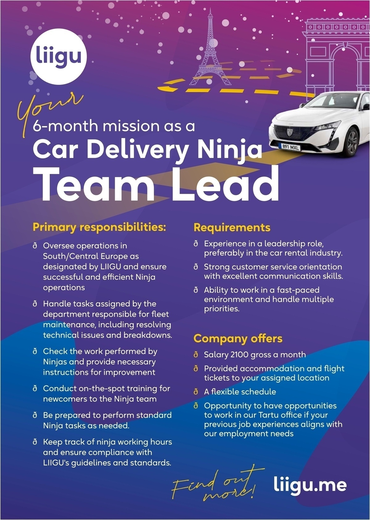 LIIGU OÜ 6-months as Car Delivery Ninja Team Lead