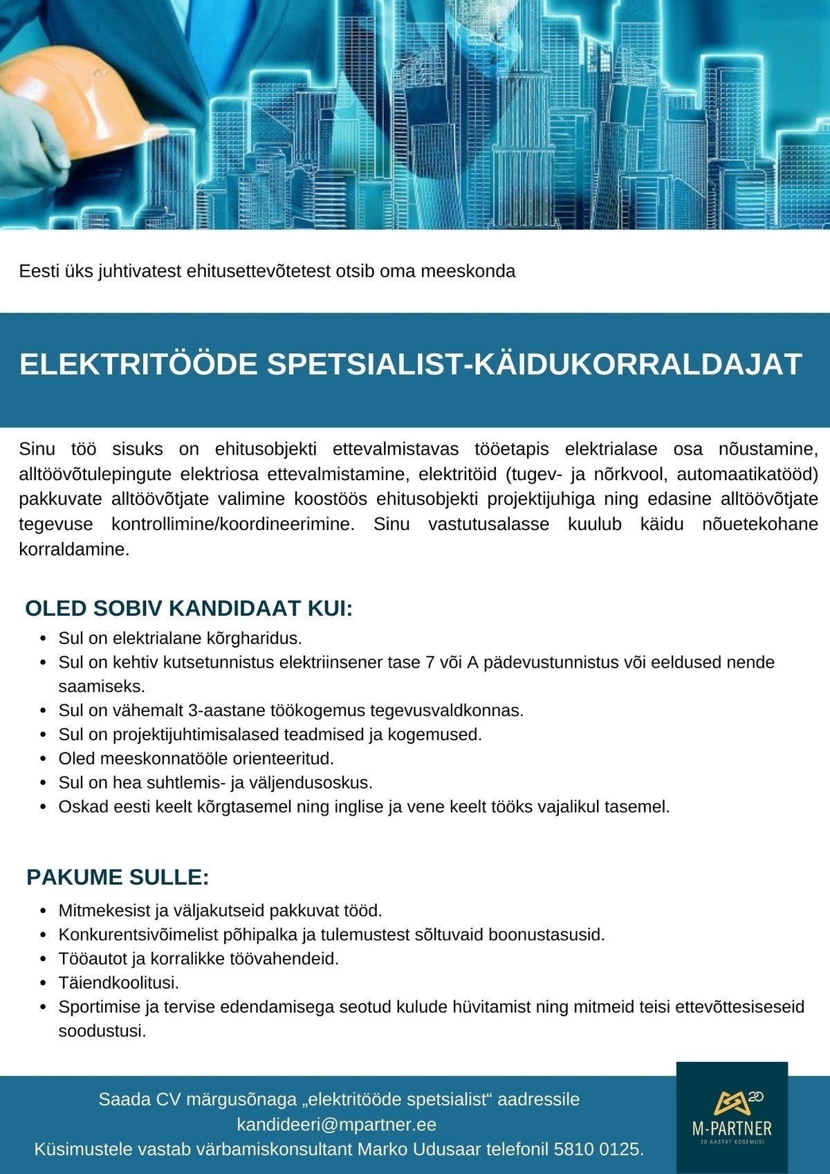 M-Partner HR OÜ Elektritööde spetsialist-käidukorraldaja