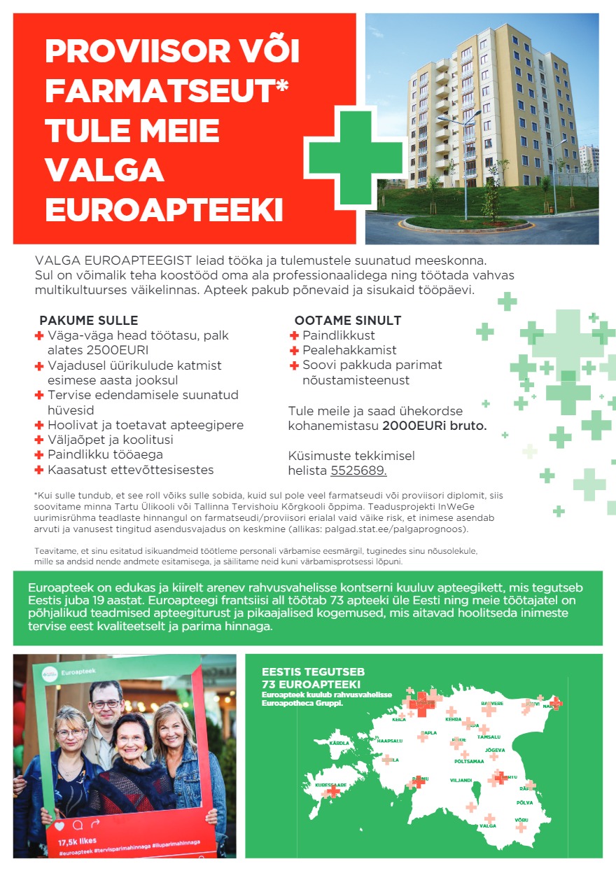 Euroapteek OÜ Valga Euroapteegi proviisor/farmatseut