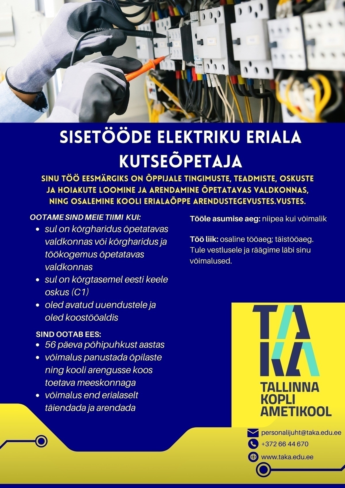 Tallinna Kopli Ametikool Sisetööde elektriku eriala kutseõpetaja