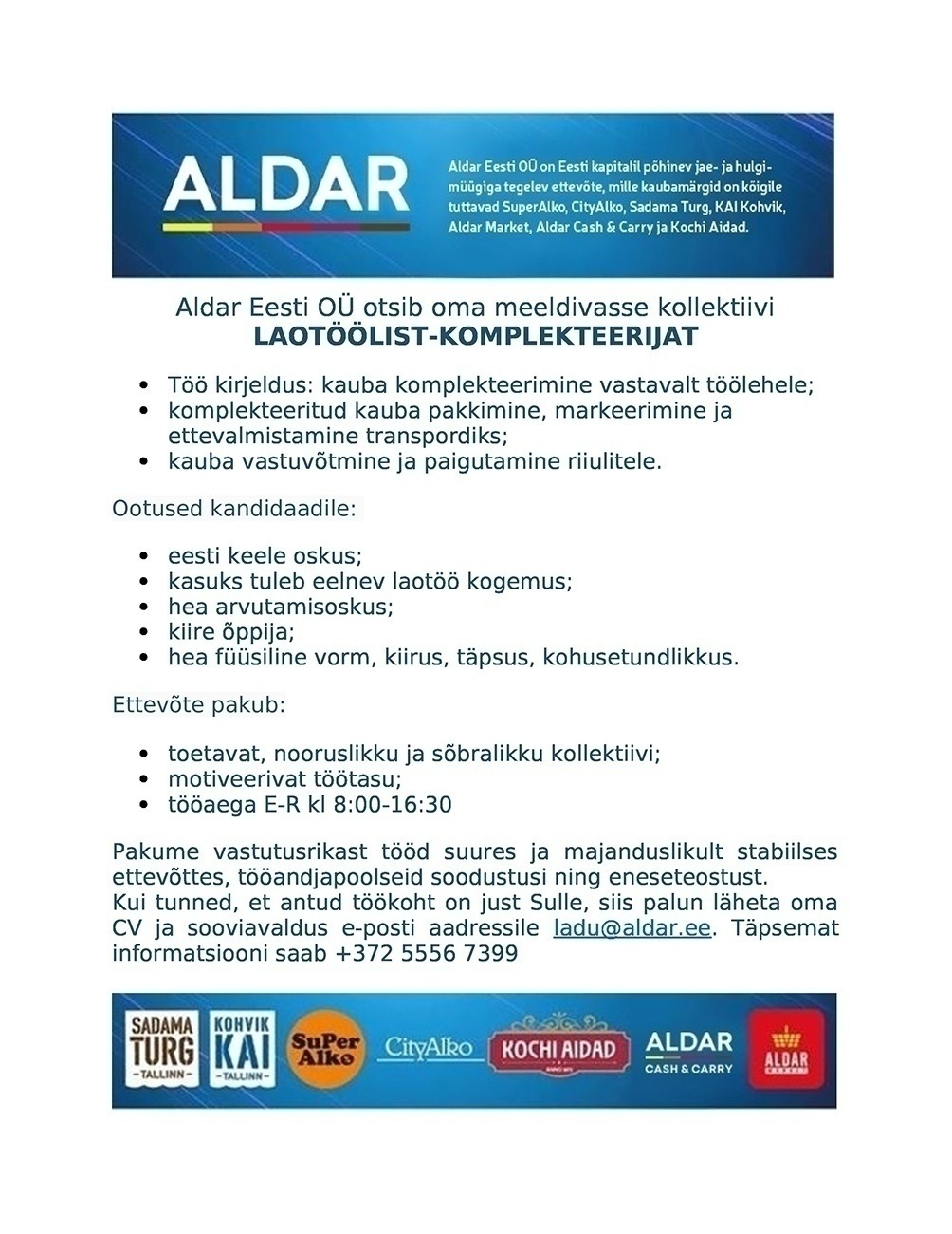 Aldar Eesti OÜ Laotööline-komplekteerija