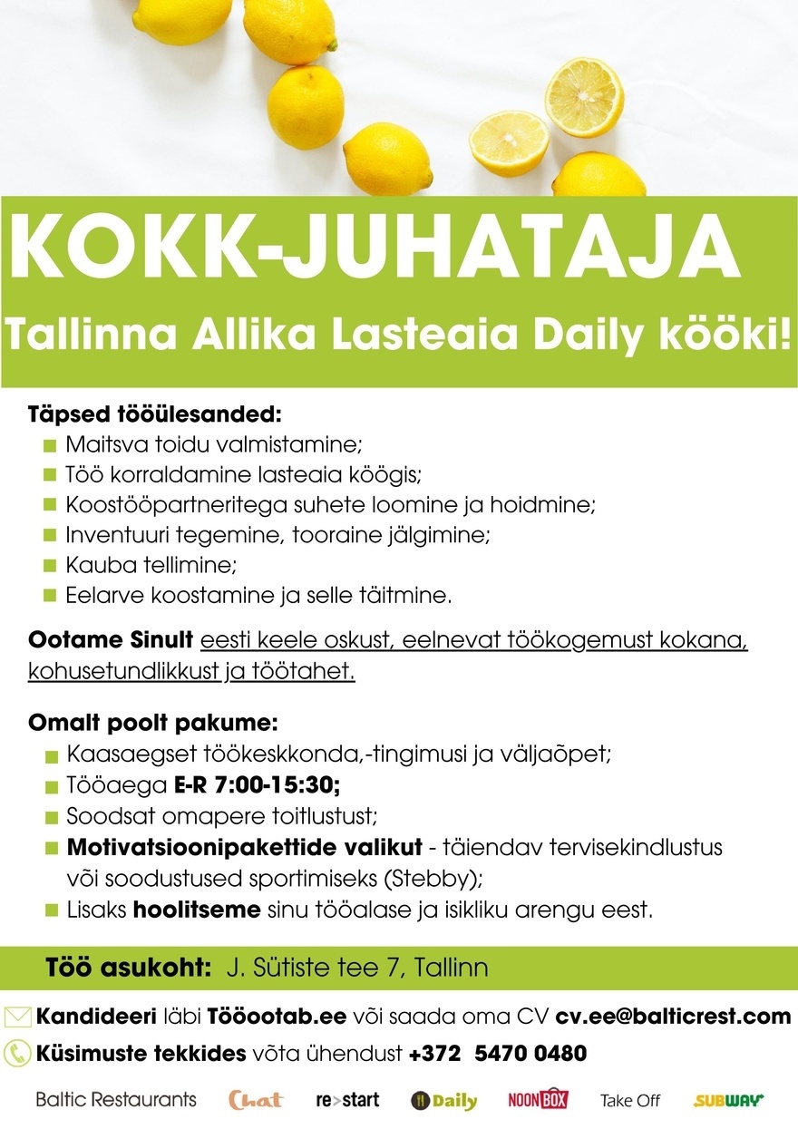 Baltic Restaurants Estonia KOKK-JUHATAJA Tallinna Allika lasteaia Daily kööki!