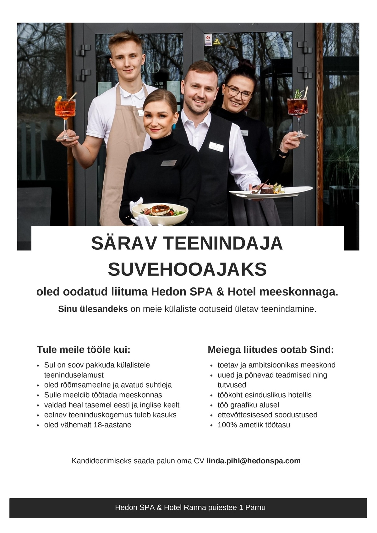 Supeluse Hotell OÜ Hedon SPA & HOTEL Särasilmne restorani teenindaja suvehooajaks