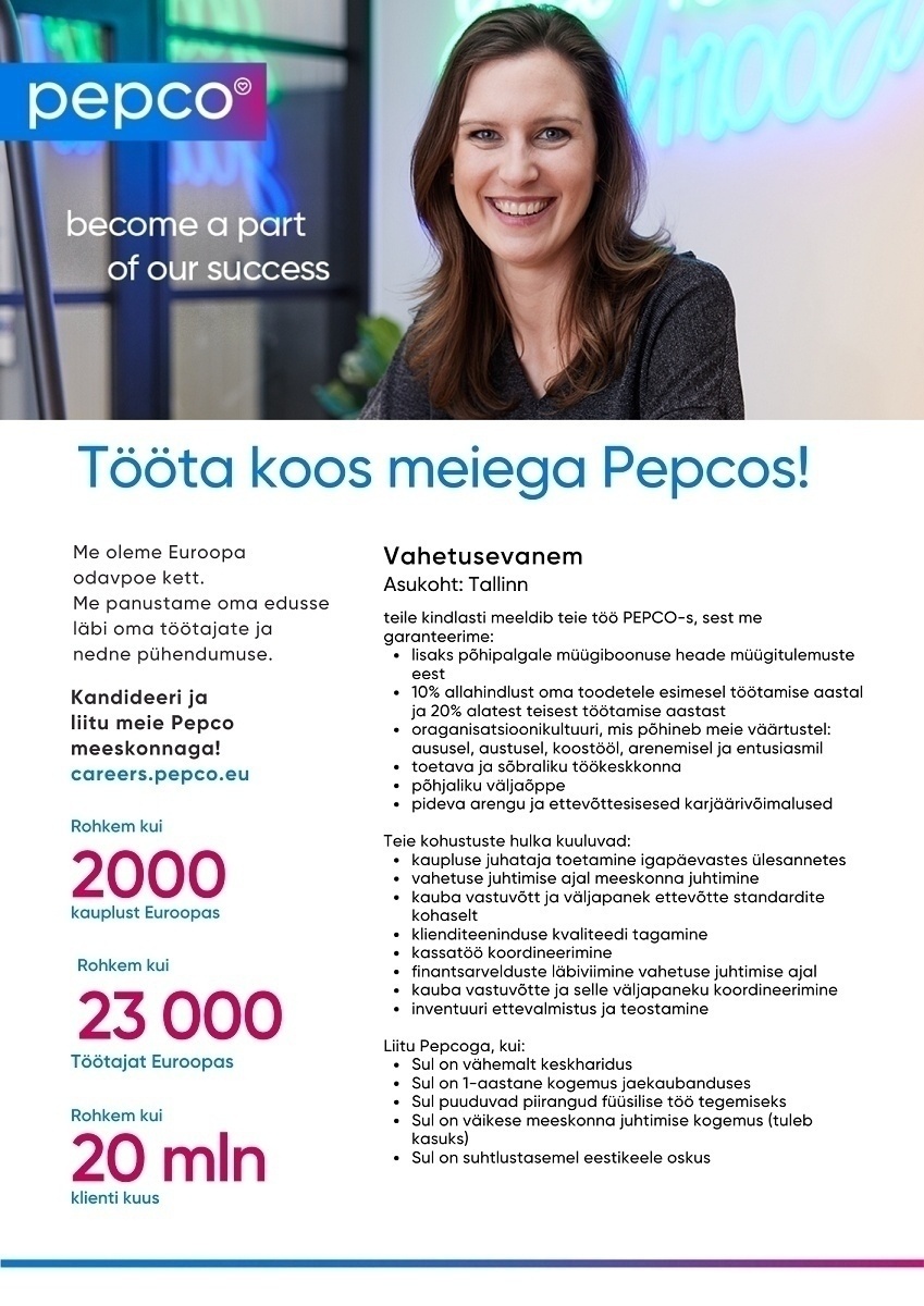 Pepco Eesti OÜ Vahetusevanem PEPCO Nautica Keskuse kauplusesse