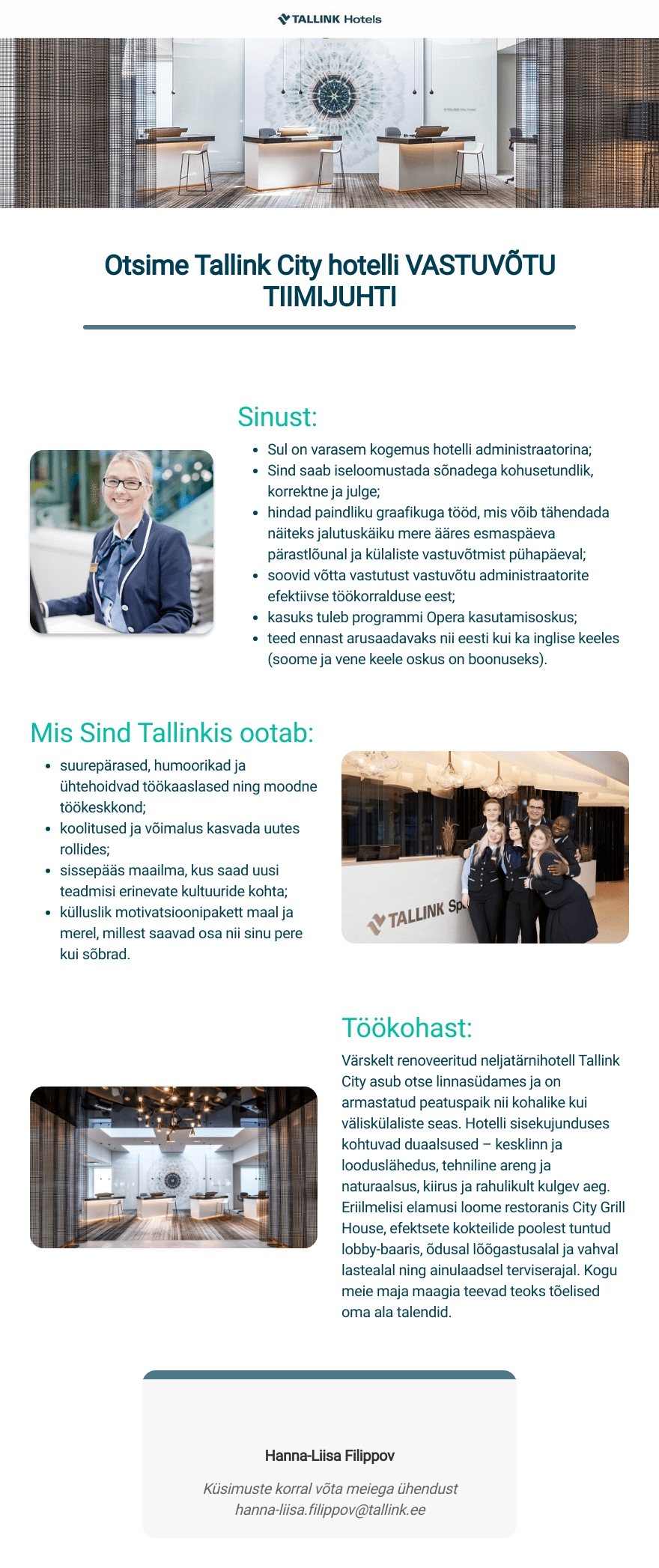 Tallink Grupp AS Tallink City hotelli vastuvõtu tiimijuht