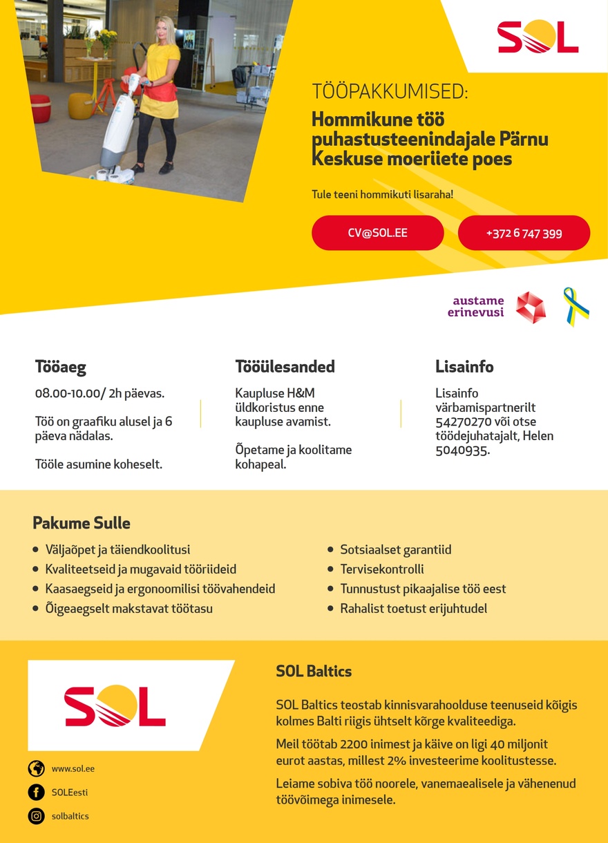 SOL Baltics OÜ Täiskoormusega töö puhastusteenindajale argipäeviti Pärnus